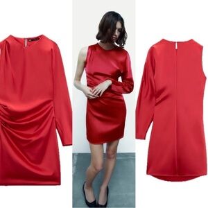 Zara red satin effect one sleeve asymetrical mini dress Sz L NWT